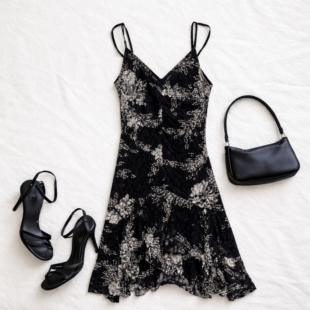 Serendipity Maui Y2K Black Lace Floral Slip Dress Hanky Hem Size Large